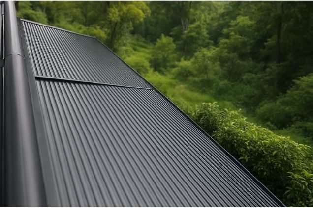 Dark sunshade shutters beside trees.